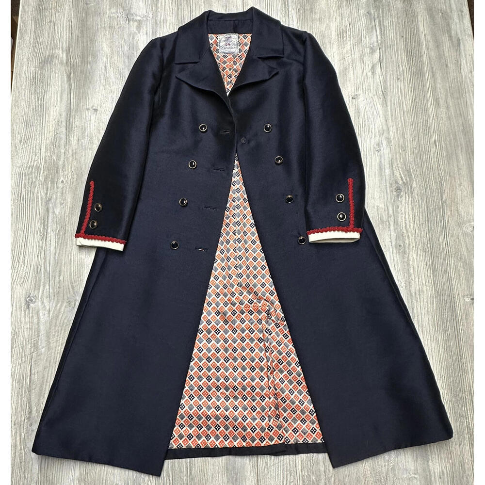 VTG Ruth McCulloch Pea Coat Women Small Navy Blue Double Breasted 60s Union MCM - Picture 2 of 16
